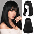 Black Short Straight Bob Wig with Bangs - 16 Inch Synthetic Hair for Women - Variation: Black