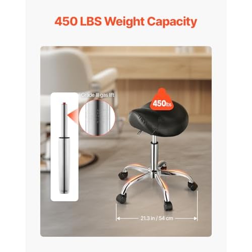 VEVOR Saddle Stool with Wheels, 450 LBS Weight Capacity Ergonomic Rolling Stool, Height Adjustable Thickened PU Leather Swivel Saddle Chair for Salon, Spa, Massage, Tattoo, Clinic, Black