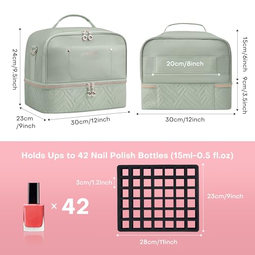 Leudes Nail Bag Organizer Case for 42 Bottles & Gel Lamp - Sage Green