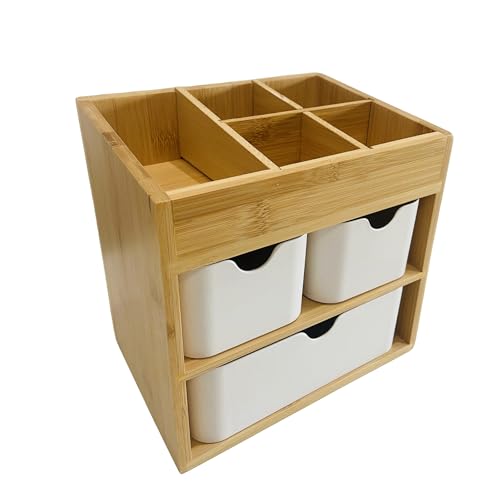 Bamboo Makeup Organizer Jewelry Box, Bamboo Desk organizer with 3 drawers and adjustable dividers, 3 Tier Jewelry Storage Case, Desktop Organization Storage
