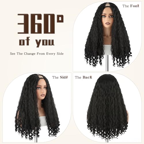 Suntefic Afro Curly V Part Wig 22 Inch Black Synthetic Hair, 180% Density