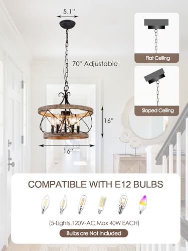 Farmhouse Wood Chandelier Light Fixture - 16 Inch Dining Room Pendant with 5 Bulb Holders - Wood-2