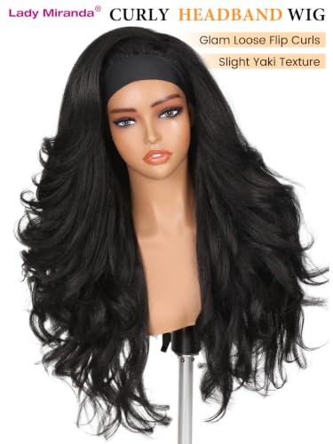 Lady Miranda Wavy Curly Headband Wig - Black, 26 Inch Layered Flip Curls