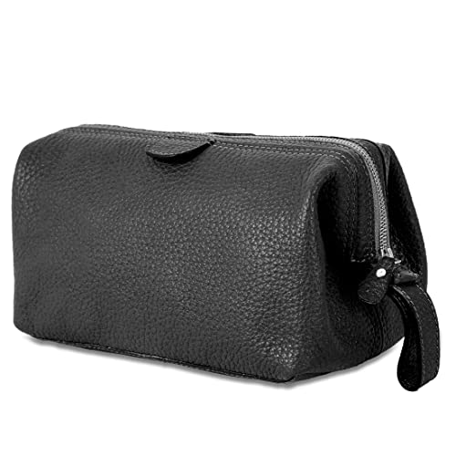 KomalC Buffalo Leather Travel Toiletry Bag - Black, Men's & Women's Organizer