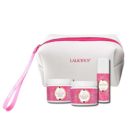 LaLicious Endless Summer Travel Body Care Set - Includes Gentle Body Exfoliator & Sugar Scrub + Hydrating Whipped Body Butter + Moisturizing Body Oil - Glowing Skin Essentials Body Care Kit