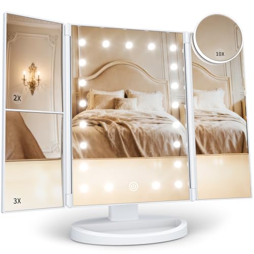 HUONUL Makeup Mirror, Vanity Mirror with Lights, 2X/3X/10X Magnification, Touch Control, Trifold, Dual Power Supply, Gifts Mothers Day for Mom,Gifts for Women, Wife, Girls,Dorm Room Essentials
