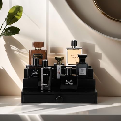 Men's 3-Tier Cologne Organizer Stand with Drawer - Black Wooden Display
