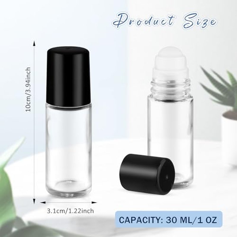 16 Pcs 30ml/1oz Glass Deodorant Roller Bottle Clear Roll-On Deodorant Containers with Black Lid for Essential Oils Cosmetic