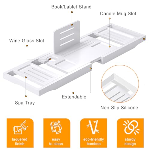 Bathtub Tray Caddy,Premium Bamboo Expandable Bath Tub Trays Table, Foldable Bathroom Accessories,Great House Warming, Anniversary and Birthday Gifts,White