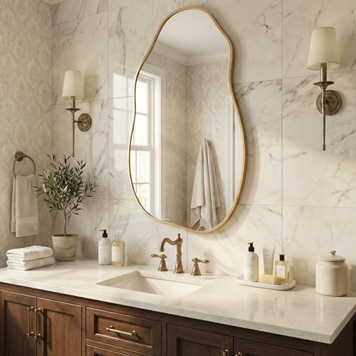 Matte Gold Irregular Organic Wall Mirror 36x20 Inch - Freeform Design