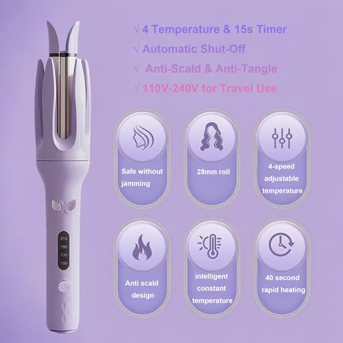 EYCOMTOM Purple Automatic Rotating Hair Curling Iron with Negative Ion Ceramic Technology
