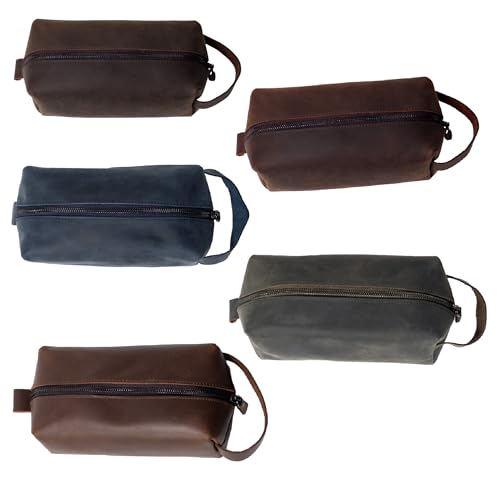 KAAL Crazy Horse Genuine Leather Toiletry Bag, Unisex Travel Toiletry Organizer Dopp Kit Shaving Bag for Accessories (Golden Brown, Large)