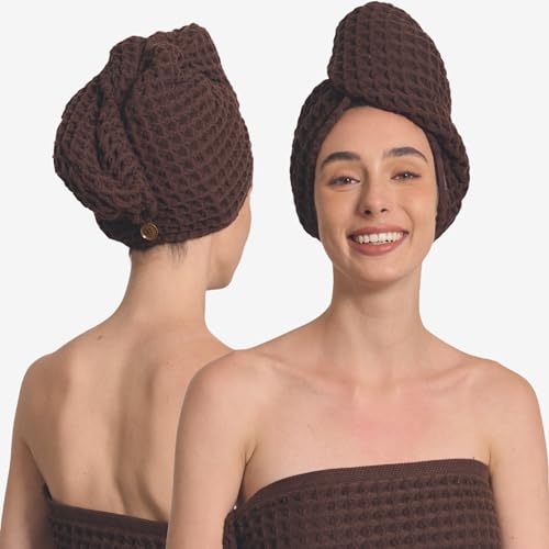 Kosmu Luxury Organic Japanese Cotton Hair Drying Waffle Towel Wrap with Button (Dark Cocoa) - Extra Large Turban for Long Curly Hair