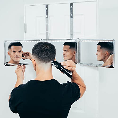 Self-Cut System Heaven Lights 3-Way Mirror with LED Lights, Foldable Travel Mirror for Men’s Haircuts