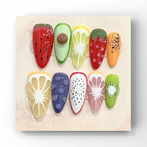 Wsliana Handmade Press On Nails - Medium Almond False Tips with 3D Fruit Design, Reusable, Long-Lasting, Easy Fit, Natural Look - Variation WS076 / L