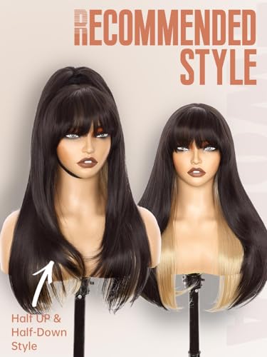 Black Synthetic Wig with Bangs - 26 Inch Long Straight Layered Style for Women, Heat Resistant & Natural Look