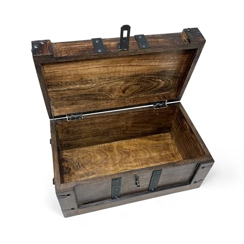 Large Nautical Cove Handmade Wooden Treasure Chest with Leather Straps & Lock, 14x8x6.75 inches