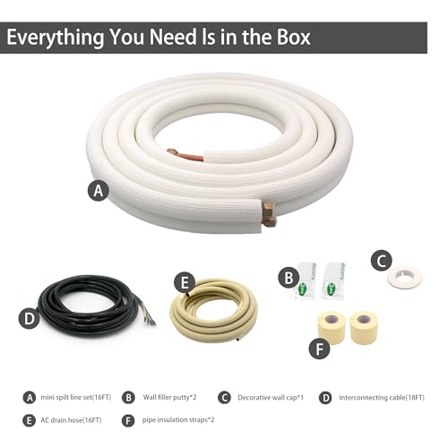 VEVEVA 16FT Mini Split Line Set with Wire 1/4'' & 1/2'' Copper Pipes HVAC Insulated Coil