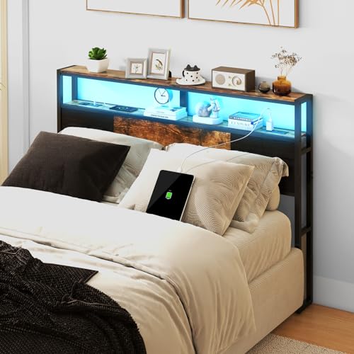 Queen Size Headboard with Charging Station & LED Light - Easy Assembly