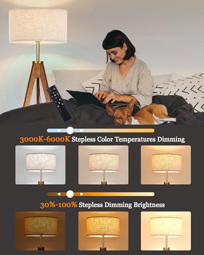 Ash Wood Brown Floor Lamp with Remote Control - Dimmable Tripod Standing Lamp for Living Room & Bedroom