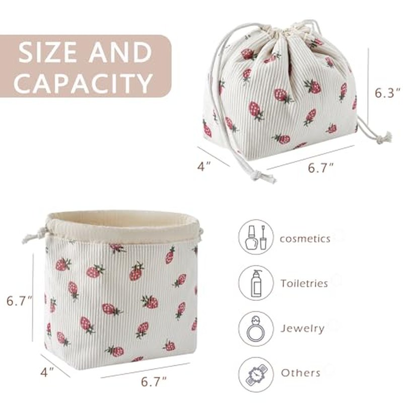 Cute Soft Corduroy Drawstring Makeup Bag with Canvas Lining, Coquette Aesthetic Drawstring Cosmetic with Strawberry Pattern for Women Girls, Kawaii Travel Makeup Organizer Case(06 Strawberry)