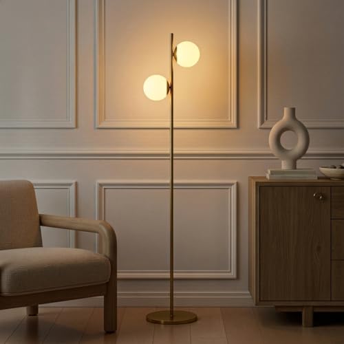 Brightech Sphere Floor Lamp – Gold/Antique Brass 2-Globe Mid‑Century Modern Standing Lamp