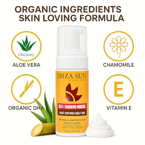 Self-Tanning Mousse with Organic DHA + Aloe Vera, Quick Dry, Paraben-Free, Vegan & Cruelty-Free, Natural-Looking Tan for Face & Body