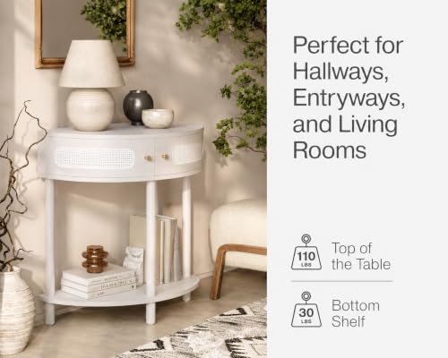 Weathered White Half Moon Entry Table - Modern Cane Console with Storage