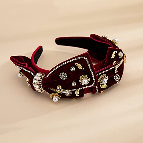 YARN & INK Baroque Wine Velvet Bow Rhinestone Headband Elegant Hair Accessory