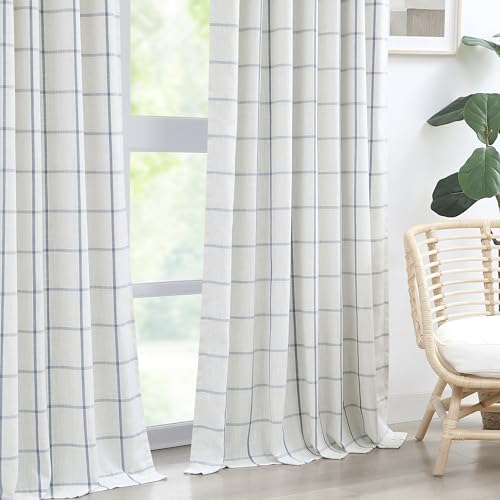 Vision Home Blue Plaid Linen Pinch Pleated Blackout Curtains 40W x 95L – Pack of 2