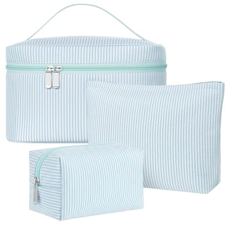 3 Pieces Makeup Bag Set for Women Cute Seersucker Cosmetic Pouch Travel Toiletry Bag Preppy Small Makeup Purse Pouch Aesthetic Skincare Brushes Storage Organizer for Women(Light Blue)