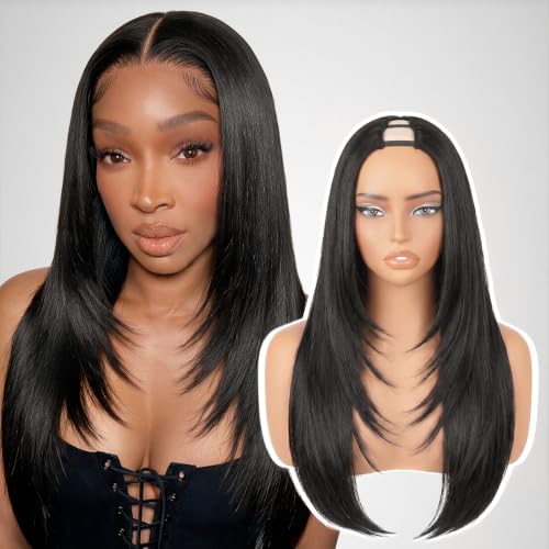 Yaki Straight V Part Wig for Black Women 26 Inch Natural Black 180% Density Glueless Synthetic Hair
