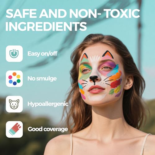 Face Painting Kit for Adults, Split Cake Face Paint Palette, Water Activated Face Paint with 4 Brushes, Safe & Quick-Dry, Perfect for Halloween Party Birthday Cosplay