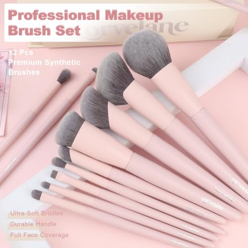 Lorvelane Matte Pink 12-Piece Professional Makeup Brush Set with Case