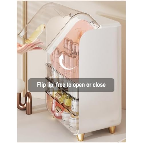 Makeup Organizer for Vanity, Large Capacity Cosmetic Organizer Trendy Stuff, Clear Cosmetic Display Case with Flip-top Lid and 2-Tier Drawer for Bathroom Countertop, Bedroom Dresser (White)