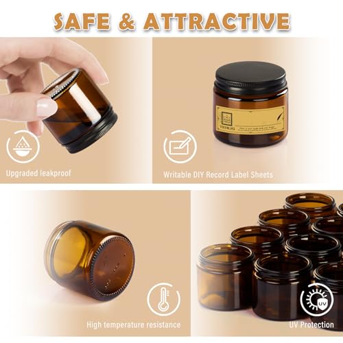 2 oz Amber Glass Cosmetic Jars with Black Metal Lids & Liners - Refillable, Airtight, Travel-Ready Set of 12