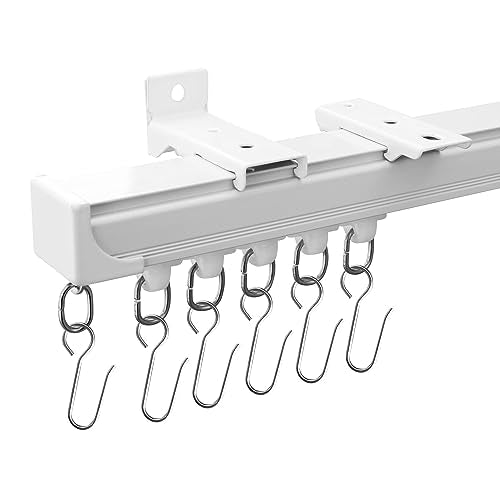 White 18FT Ceiling Curtain Track Set Wall & Ceiling Mount Sliding Rails with Hooks