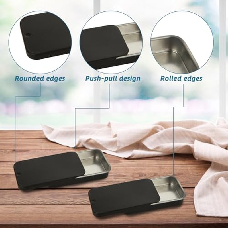 100 Pack Mini Tin Box Small Tin Containers with Slide Top Lids, Empty Mini Metal Tins with Lids for Storage Candies, Jewelry, Crafts, Pills, 2.36 X 1.3 X 0.4 (Black)