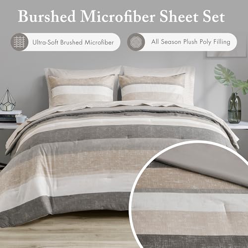 Queen Comforter Set with Sheets - Taupe/Grey Stripe Bed in a Bag, 7 Pieces