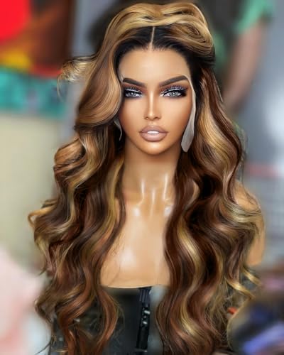 Synthetic Lace Front Wig 13x6 HD Highlight Brown Mix Blonde, 28 Inch Body Wave for Women