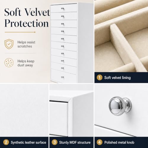 White Large Jewelry Box with 10 Drawers - Jewelry Storage Organizer for Watches, Earrings, Necklaces, Rings, Bracelets - GUKA 10 Layer