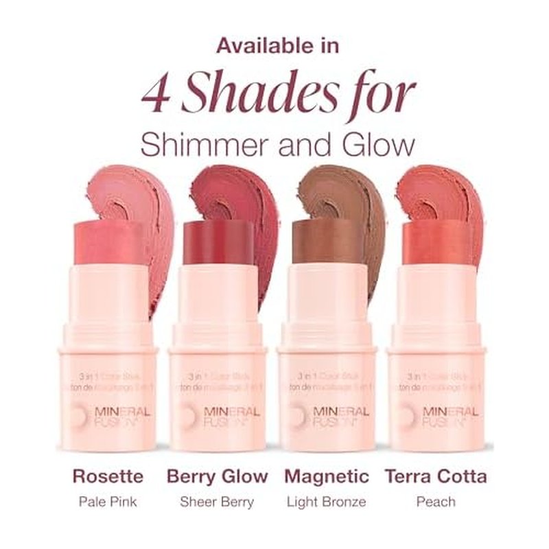 Mineral Fusion 3-in-1 Color Stick - Hydrating Cream Blush Tint for Cheek, Lip and Eye - Natural Multi Use Makeup (Rosette)