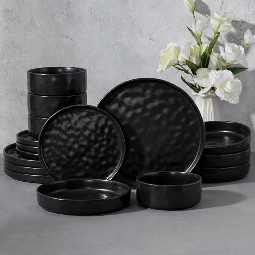 E-far Matte Black 16-Piece Stoneware Dinnerware Set for 4 - Ripple Design