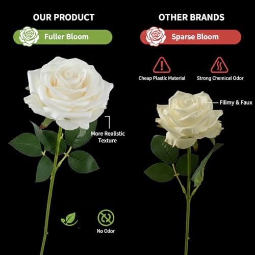 Ivory Artificial Rose Flowers Bulk Pack - Realistic Long Stem Fake Flowers for Wedding & Home Decor