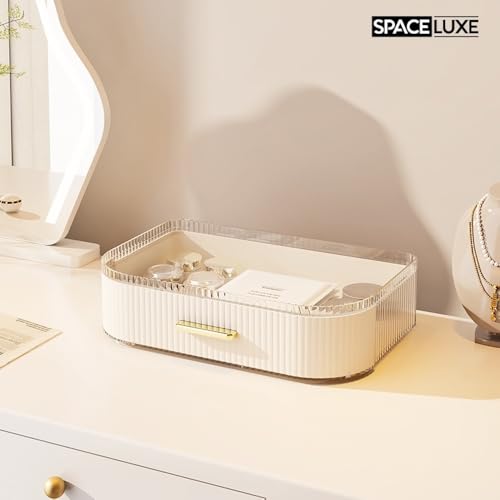 Makeup Organizer with Drawers and 360¡Æ Rotating Brush Holder, Large Capacity Cosmetic Storage for Vanity, Skincare, Perfume, Hair Accessories, Lipstick & Jewelry (Cream White, 2-layer)
