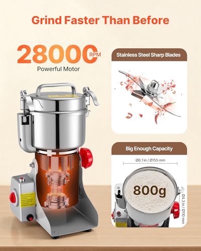VEVOR Electric Grain Mill Grinder 800g - 2100W Stainless Steel Spice & Cereal Pulverizer