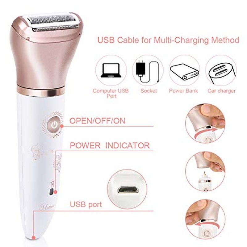 Electric Razors for Women - Painless 2-in-1 Shaver for Women Hair Remover for Face, Legs and Underarm Wet & Dry, Portable Bikini Trimmer, Lady Hair Removal with 2 Trimmer Heads- Micro USB Recharge