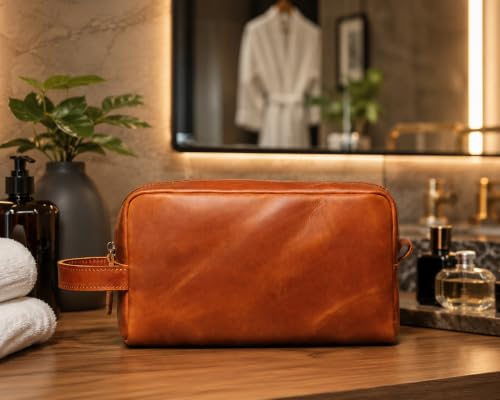 Leather Toiletry Bag for Men & Women - Tan Brown Travel Organizer