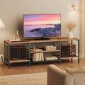 63 Inch Rustic Brown & Black TV Stand with Power Outlets - Open Storage Shelves