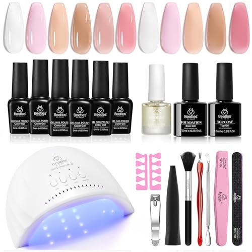 Beetles Gel Nail Polish Kit with UV LED Light, 6 Colors - Jelly Nude Pink (b157-b162)